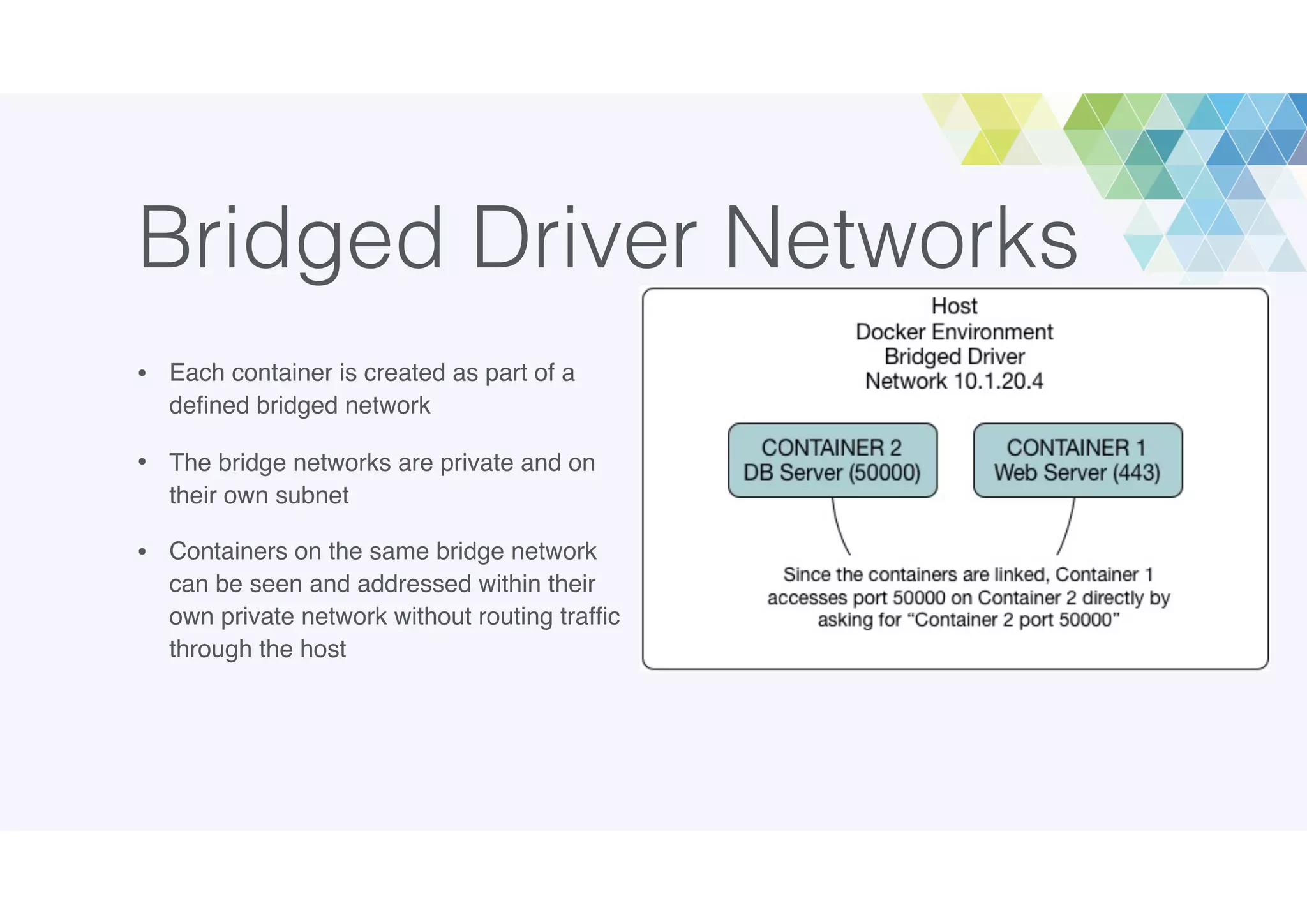 Bridged Driver Networks
• Each container is created as part of a
deﬁned bridged network
• The bridge networks are private and on
their own subnet
• Containers on the same bridge network
can be seen and addressed within their
own private network without routing trafﬁc
through the host
 