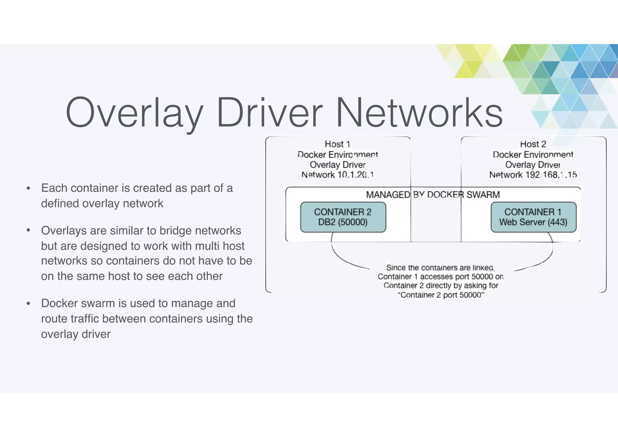 Overlay Driver Networks
• Each container is created as part of a
deﬁned overlay network
• Overlays are similar to bridge networks
but are designed to work with multi host
networks so containers do not have to be
on the same host to see each other
• Docker swarm is used to manage and
route trafﬁc between containers using the
overlay driver
 