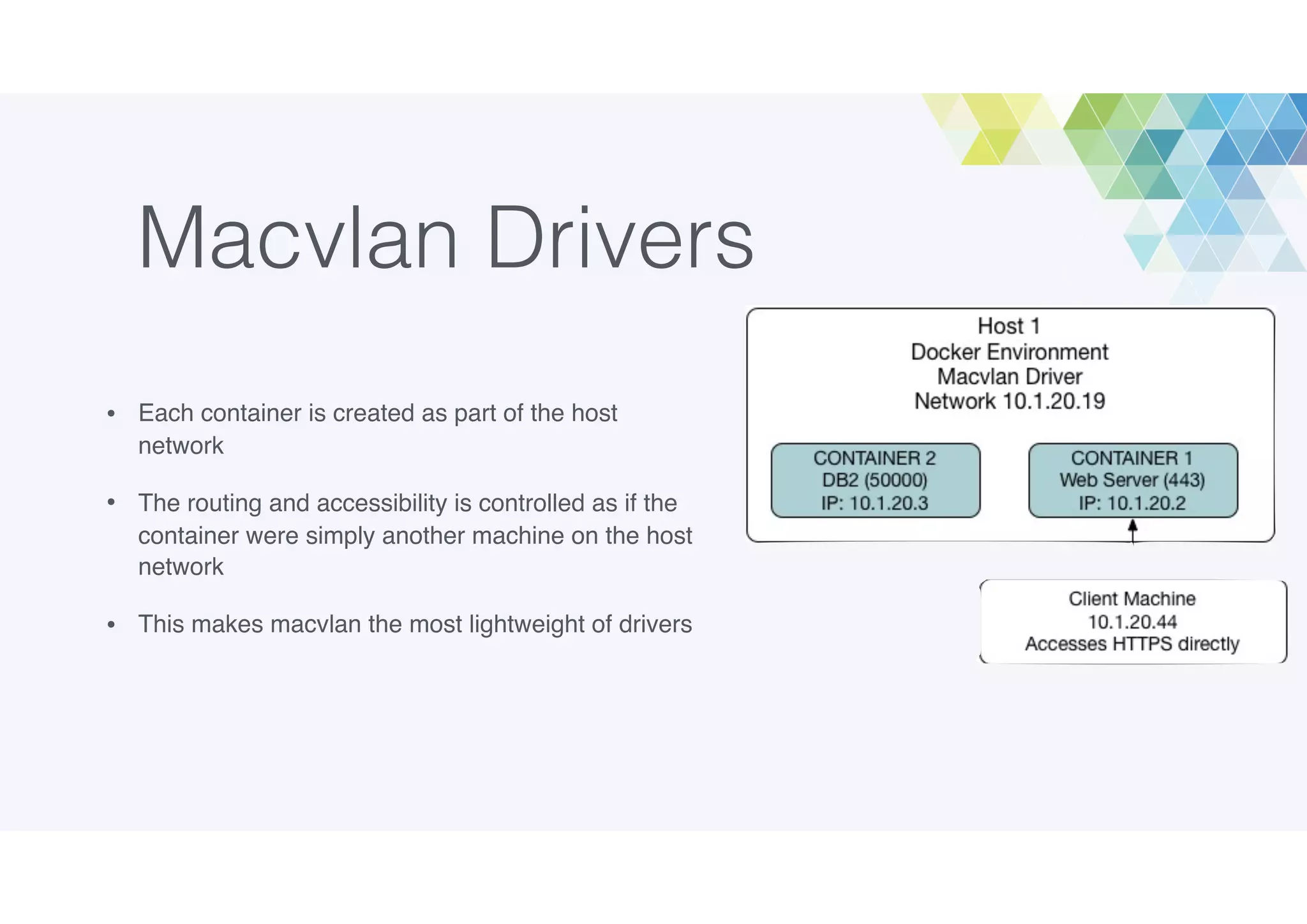 Macvlan Drivers
• Each container is created as part of the host
network
• The routing and accessibility is controlled as if the
container were simply another machine on the host
network
• This makes macvlan the most lightweight of drivers
 