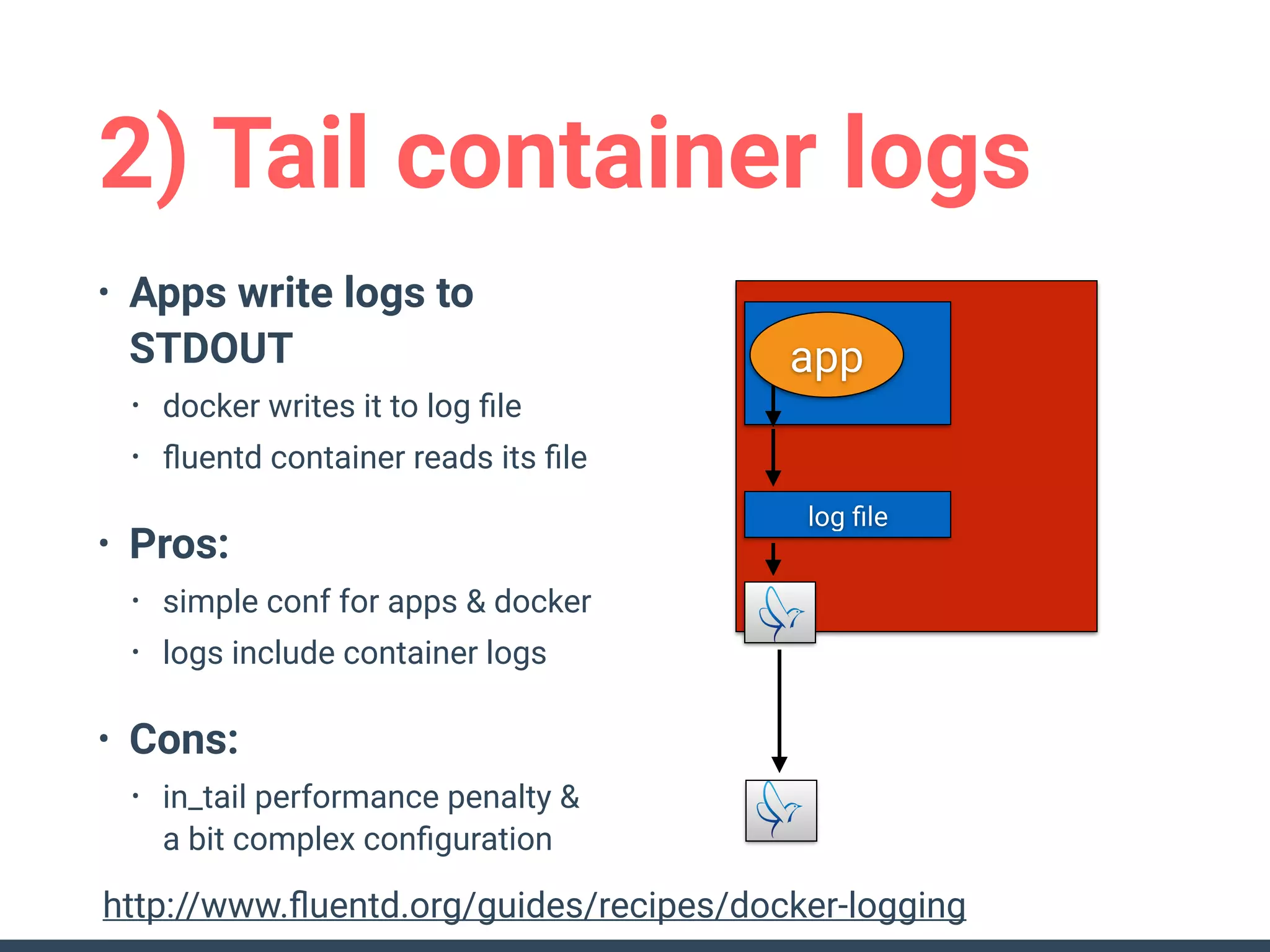 2) Tail container logs
• Apps write logs to
STDOUT
• docker writes it to log ﬁle
• ﬂuentd container reads its ﬁle
• Pros:
• simple conf for apps & docker
• logs include container logs
• Cons:
• in_tail performance penalty & 
a bit complex conﬁguration
log ﬁle
app
http://www.ﬂuentd.org/guides/recipes/docker-logging
 