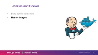 © 2019 All Rights Reserved. 11
Jenkins and Docker
• Build agents and steps
• Master images
 