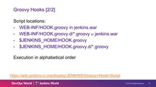 © 2019 All Rights Reserved. 24
Groovy Hooks [2/2]
Script locations:
• WEB-INF/HOOK.groovy in jenkins.war
• WEB-INF/HOOK.groovy.d/*.groovy in jenkins.war
• $JENKINS_HOME/HOOK.groovy
• $JENKINS_HOME/HOOK.groovy.d/*.groovy
Execution in alphabetical order
https://wiki.jenkins-ci.org/display/JENKINS/Groovy+Hook+Script
 