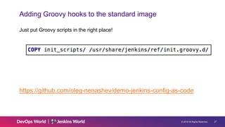 © 2019 All Rights Reserved. 27
Adding Groovy hooks to the standard image
Just put Groovy scripts in the right place!
https://github.com/oleg-nenashev/demo-jenkins-config-as-code
 