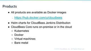 © 2019 CloudBees, Inc. All Rights Reserved.
Products
● All products are available as Docker images
○ https://hub.docker.com/u/cloudbees
● Helm charts for CloudBees Jenkins Distribution
● CloudBees Core runs on-premise or in the cloud
○ Kubernetes
○ Docker
○ Virtual machines
○ Bare metal
 