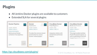 © 2019 CloudBees, Inc. All Rights Reserved.
Plugins
● All Jenkins Docker plugins are available to customers
● Extended SLA for several plugins
https://go.cloudbees.com/plugins/
 