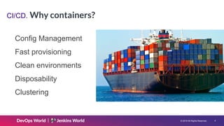 © 2019 All Rights Reserved. 4
CI/CD. Why containers?
Config Management
Fast provisioning
Clean environments
Disposability
Clustering 4
 