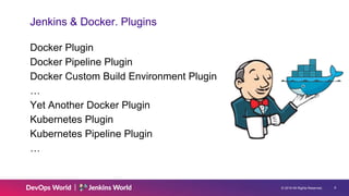 © 2019 All Rights Reserved. 9
Jenkins & Docker. Plugins
Docker Plugin
Docker Pipeline Plugin
Docker Custom Build Environment Plugin
…
Yet Another Docker Plugin
Kubernetes Plugin
Kubernetes Pipeline Plugin
…
 