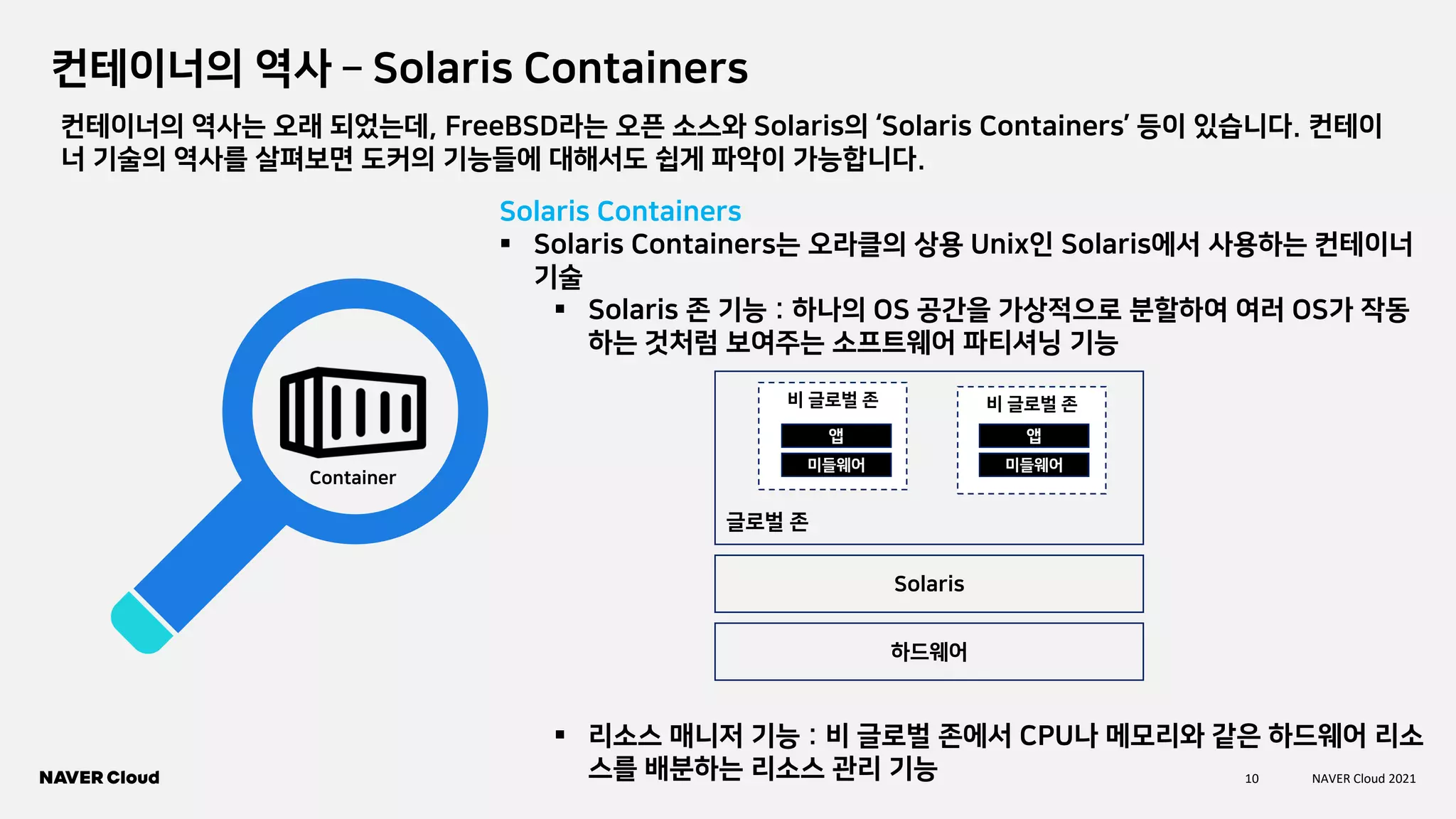 10 NAVER Cloud 2021
컨테이너의 역사 – Solaris Containers
Solaris Containers
▪ Solaris Containers는 오라클의 상용 Unix인 Solaris에서 사용하는 컨테이너
기술
▪ Solaris 존 기능 : 하나의 OS 공간을 가상적으로 분할하여 여러 OS가 작동
하는 것처럼 보여주는 소프트웨어 파티셔닝 기능
▪ 리소스 매니저 기능 : 비 글로벌 존에서 CPU나 메모리와 같은 하드웨어 리소
스를 배분하는 리소스 관리 기능
Container
컨테이너의 역사는 오래 되었는데, FreeBSD라는 오픈 소스와 Solaris의 ‘Solaris Containers’ 등이 있습니다. 컨테이
너 기술의 역사를 살펴보면 도커의 기능들에 대해서도 쉽게 파악이 가능합니다.
비 글로벌 존
하드웨어
Solaris
글로벌 존
비 글로벌 존
미들웨어
앱
미들웨어
앱
 