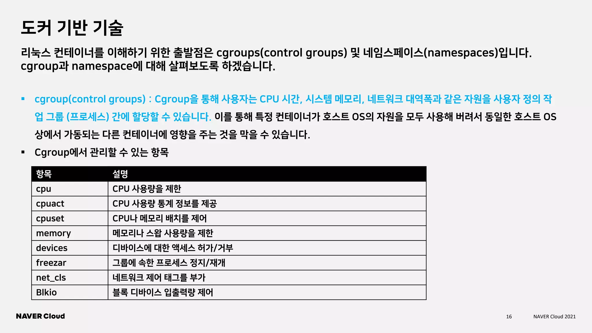 16 NAVER Cloud 2021
도커 기반 기술
리눅스 컨테이너를 이해하기 위한 출발점은 cgroups(control groups) 및 네임스페이스(namespaces)입니다.
cgroup과 namespace에 대해 살펴보도록 하겠습니다.
▪ cgroup(control groups) : Cgroup을 통해 사용자는 CPU 시간, 시스템 메모리, 네트워크 대역폭과 같은 자원을 사용자 정의 작
업 그룹 (프로세스) 간에 할당할 수 있습니다. 이를 통해 특정 컨테이너가 호스트 OS의 자원을 모두 사용해 버려서 동일한 호스트 OS
상에서 가동되는 다른 컨테이너에 영향을 주는 것을 막을 수 있습니다.
▪ Cgroup에서 관리할 수 있는 항목
항목 설명
cpu CPU 사용량을 제한
cpuact CPU 사용량 통계 정보를 제공
cpuset CPU나 메모리 배치를 제어
memory 메모리나 스왑 사용량을 제한
devices 디바이스에 대한 액세스 허가/거부
freezar 그룹에 속한 프로세스 정지/재개
net_cls 네트워크 제어 태그를 부가
Blkio 블록 디바이스 입출력량 제어
 