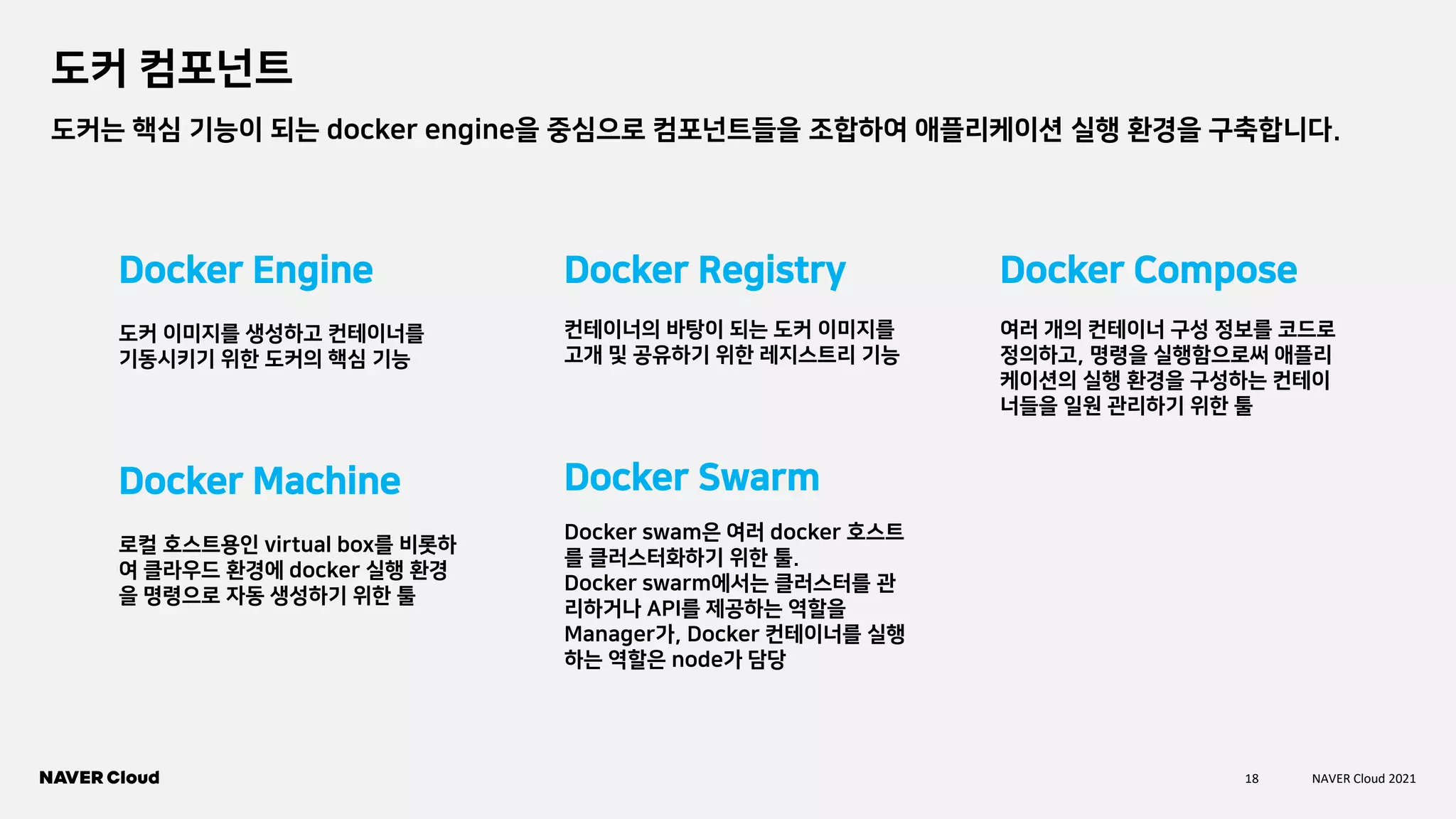 18 NAVER Cloud 2021
도커 컴포넌트
도커 이미지를 생성하고 컨테이너를
기동시키기 위한 도커의 핵심 기능
Docker Engine Docker Registry Docker Compose
컨테이너의 바탕이 되는 도커 이미지를
고개 및 공유하기 위한 레지스트리 기능
여러 개의 컨테이너 구성 정보를 코드로
정의하고, 명령을 실행함으로써 애플리
케이션의 실행 환경을 구성하는 컨테이
너들을 일원 관리하기 위한 툴
로컬 호스트용인 virtual box를 비롯하
여 클라우드 환경에 docker 실행 환경
을 명령으로 자동 생성하기 위한 툴
Docker Machine Docker Swarm
Docker swam은 여러 docker 호스트
를 클러스터화하기 위한 툴.
Docker swarm에서는 클러스터를 관
리하거나 API를 제공하는 역할을
Manager가, Docker 컨테이너를 실행
하는 역할은 node가 담당
도커는 핵심 기능이 되는 docker engine을 중심으로 컴포넌트들을 조합하여 애플리케이션 실행 환경을 구축합니다.
 
