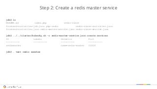 Step 2: Create a redis master service 
jdk$ ls 
README.md index.php redis-slave 
frontend-controller-jdk.json php-redis re...
