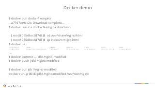 Docker demo 
$ docker pull dockerfile/nginx 
...a7767ce9ec2c: Download complete…. 
$ docker run -t -i dockerfile/nginx /bi...
