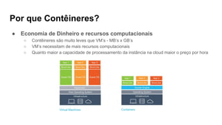 Por que Contêineres?
● Economia de Dinheiro e recursos computacionais
○ Contêineres são muito leves que VM’s - MB’s x GB’s
○ VM’s necessitam de mais recursos computacionais
○ Quanto maior a capacidade de processamento da instância na cloud maior o preço por hora
 