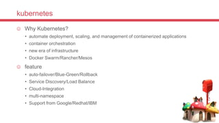 kubernetes
 Why Kubernetes?
• automate deployment, scaling, and management of containerized applications
• container orchestration
• new era of infrastructure
• Docker Swarm/Rancher/Mesos
 feature
• auto-failover/Blue-Green/Rollback
• Service Discovery/Load Balance
• Cloud-Integration
• multi-namespace
• Support from Google/Redhat/IBM
 