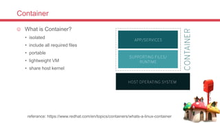 Container
 What is Container?
• isolated
• include all required files
• portable
• lightweight VM
• share host kernel
referance: https://www.redhat.com/en/topics/containers/whats-a-linux-container
 