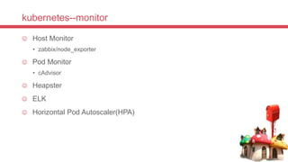kubernetes--monitor
 Host Monitor
• zabbix/node_exporter
 Pod Monitor
• cAdvisor
 Heapster
 ELK
 Horizontal Pod Autoscaler(HPA)
 