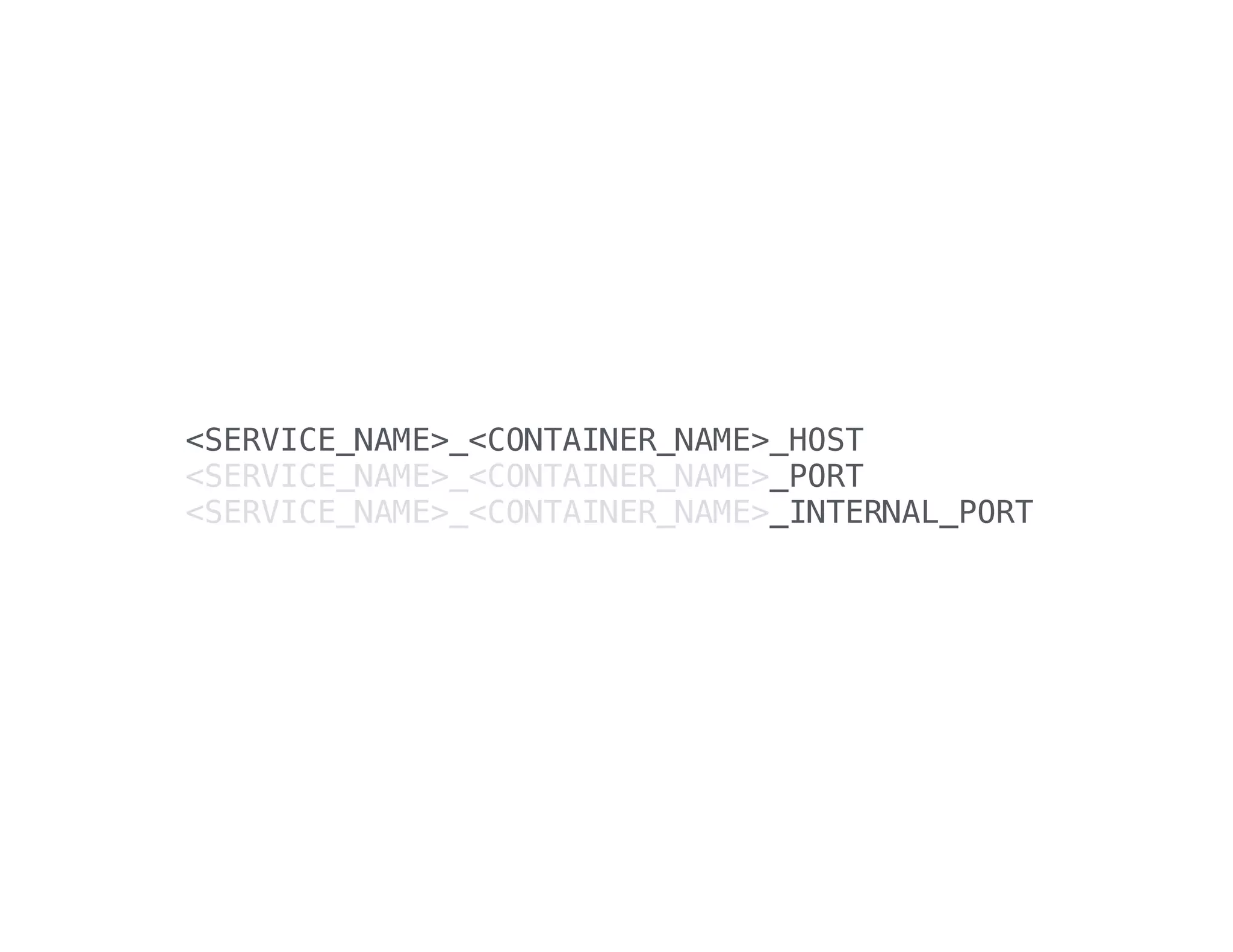 <SERVICE_NAME>_<CONTAINER_NAME>_HOST
<SERVICE_NAME>_<CONTAINER_NAME>_PORT
<SERVICE_NAME>_<CONTAINER_NAME>_INTERNAL_PORT

 
