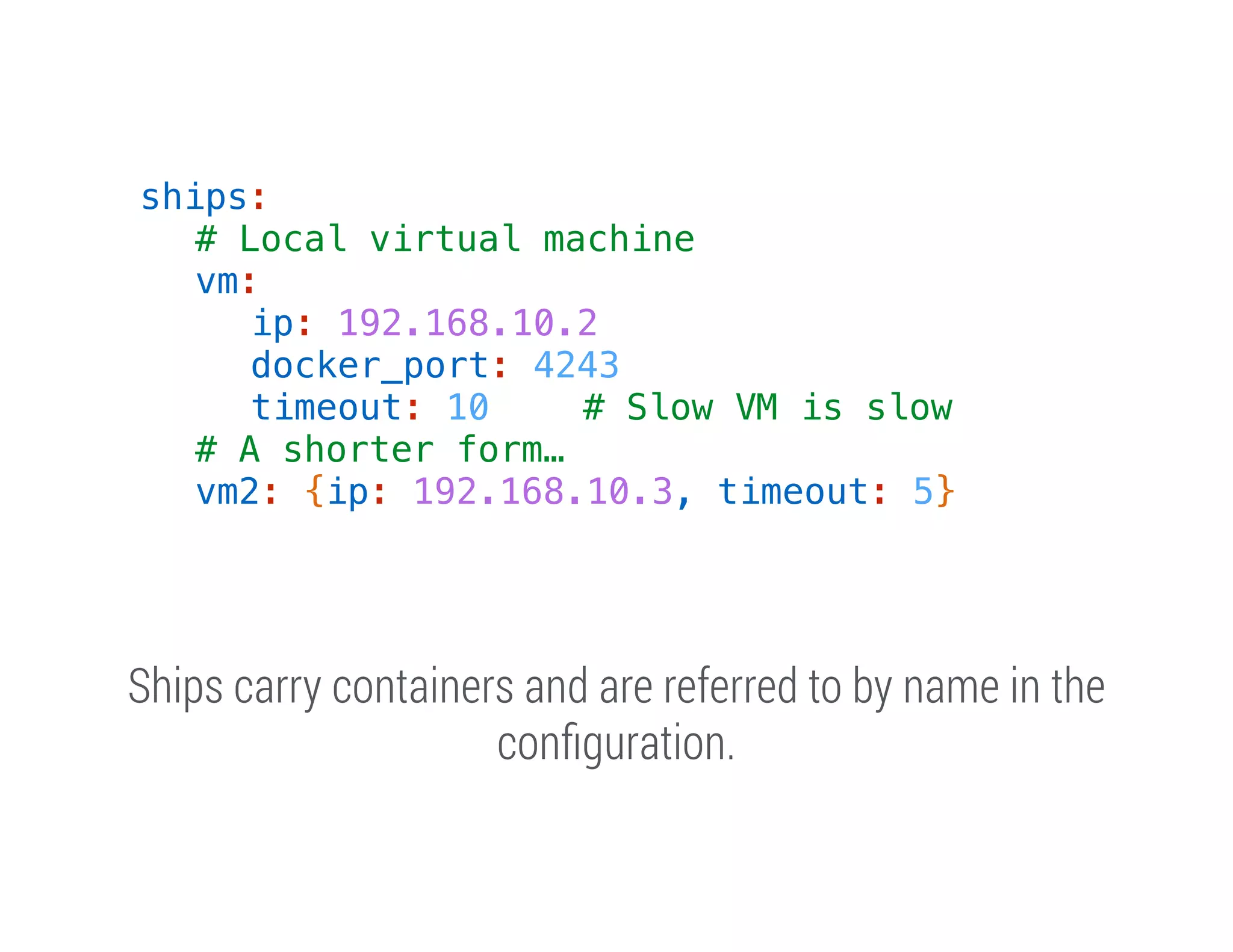 ships:
# Local virtual machine
vm:
ip: 192.168.10.2
docker_port: 4243
timeout: 10
# Slow VM is slow
# A shorter form…
vm2: {ip: 192.168.10.3, timeout: 5}

Ships carry containers and are referred to by name in the
conﬁguration.

 