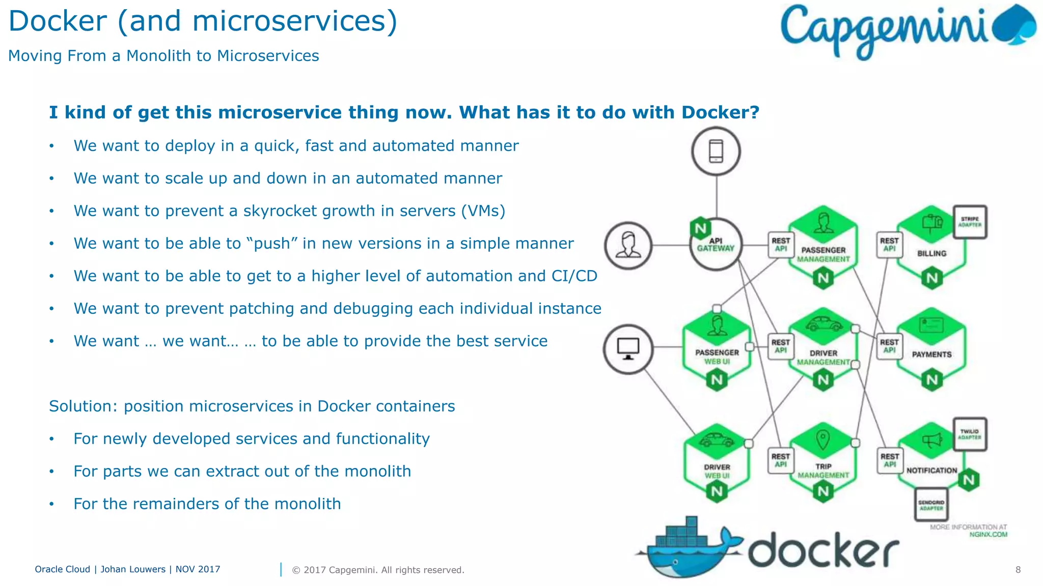 8Oracle Cloud | Johan Louwers | NOV 2017 © 2017 Capgemini. All rights reserved.
Docker (and microservices)
Moving From a Monolith to Microservices
I kind of get this microservice thing now. What has it to do with Docker?
• We want to deploy in a quick, fast and automated manner
• We want to scale up and down in an automated manner
• We want to prevent a skyrocket growth in servers (VMs)
• We want to be able to “push” in new versions in a simple manner
• We want to be able to get to a higher level of automation and CI/CD
• We want to prevent patching and debugging each individual instance
• We want … we want… … to be able to provide the best service
Solution: position microservices in Docker containers
• For newly developed services and functionality
• For parts we can extract out of the monolith
• For the remainders of the monolith
 