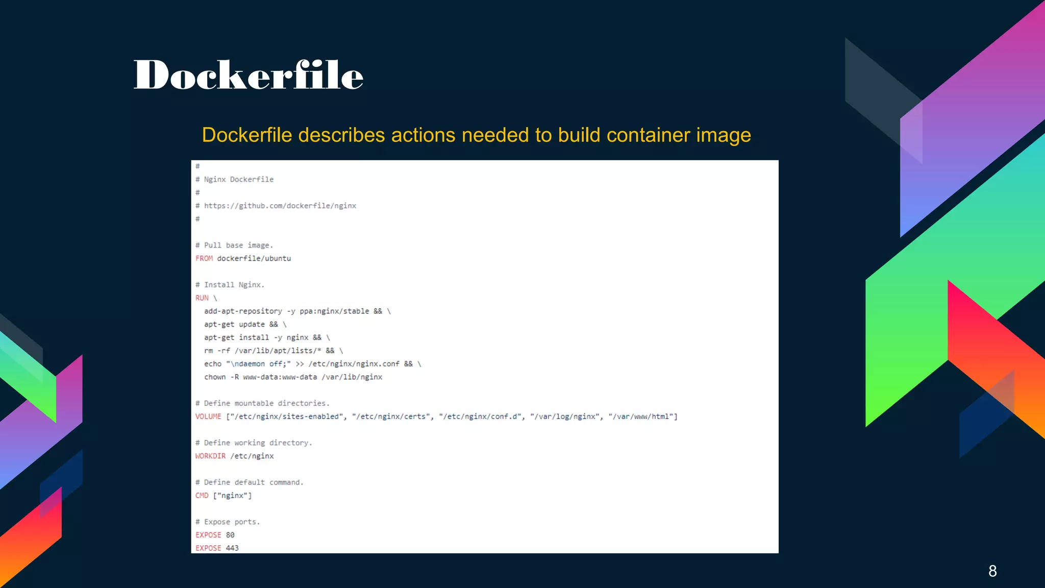 Dockerfile
8
Dockerfile describes actions needed to build container image
 