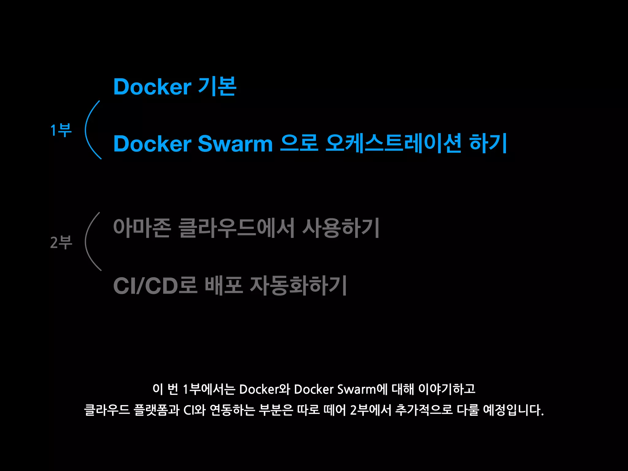 Docker 기본
Docker Swarm 으로 오케스트레이션 하기
아마존 클라우드에서 사용하기
CI/CD로 배포 자동화하기
이 번 1부에서는 Docker와 Docker Swarm에 대해 이야기하고
클라우드 플랫폼과 CI와 연동하는 부분은 따로 떼어 2부에서 추가적으로 다룰 예정입니다.
1부
2부
 