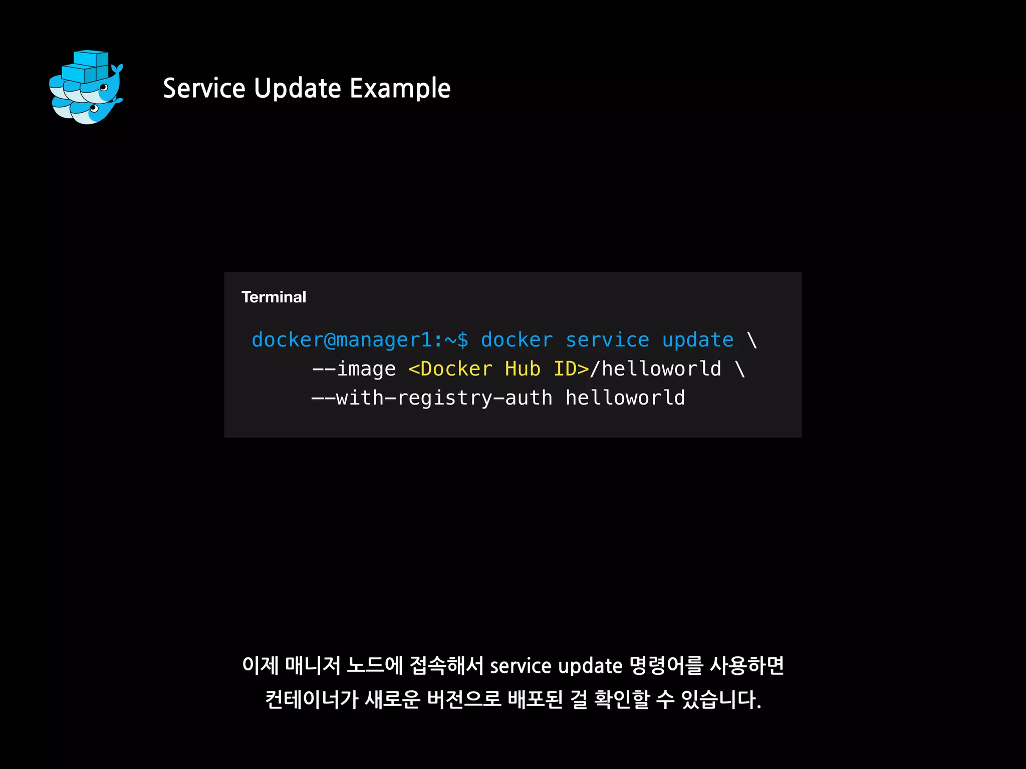 이제 매니저 노드에 접속해서 service update 명령어를 사용하면
컨테이너가 새로운 버전으로 배포된 걸 확인할 수 있습니다.
Service Update Example
T
docker@manager1:~$ docker service update 
--image <Docker Hub ID>/helloworld 
—-with-registry-auth helloworld
Terminal
 