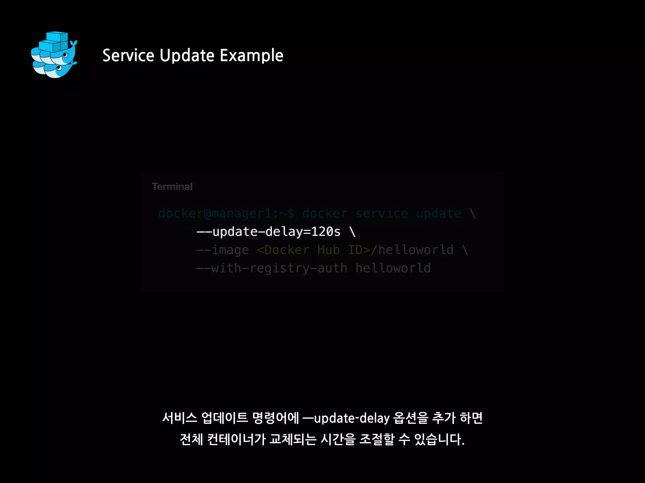 서비스 업데이트 명령어에 —update-delay 옵션을 추가 하면
전체 컨테이너가 교체되는 시간을 조절할 수 있습니다.
T
docker@manager1:~$ docker service update 
—-update-delay=120s 
--image <Docker Hub ID>/helloworld 
—-with-registry-auth helloworld
Terminal
—-update-delay=120s 
Service Update Example
 