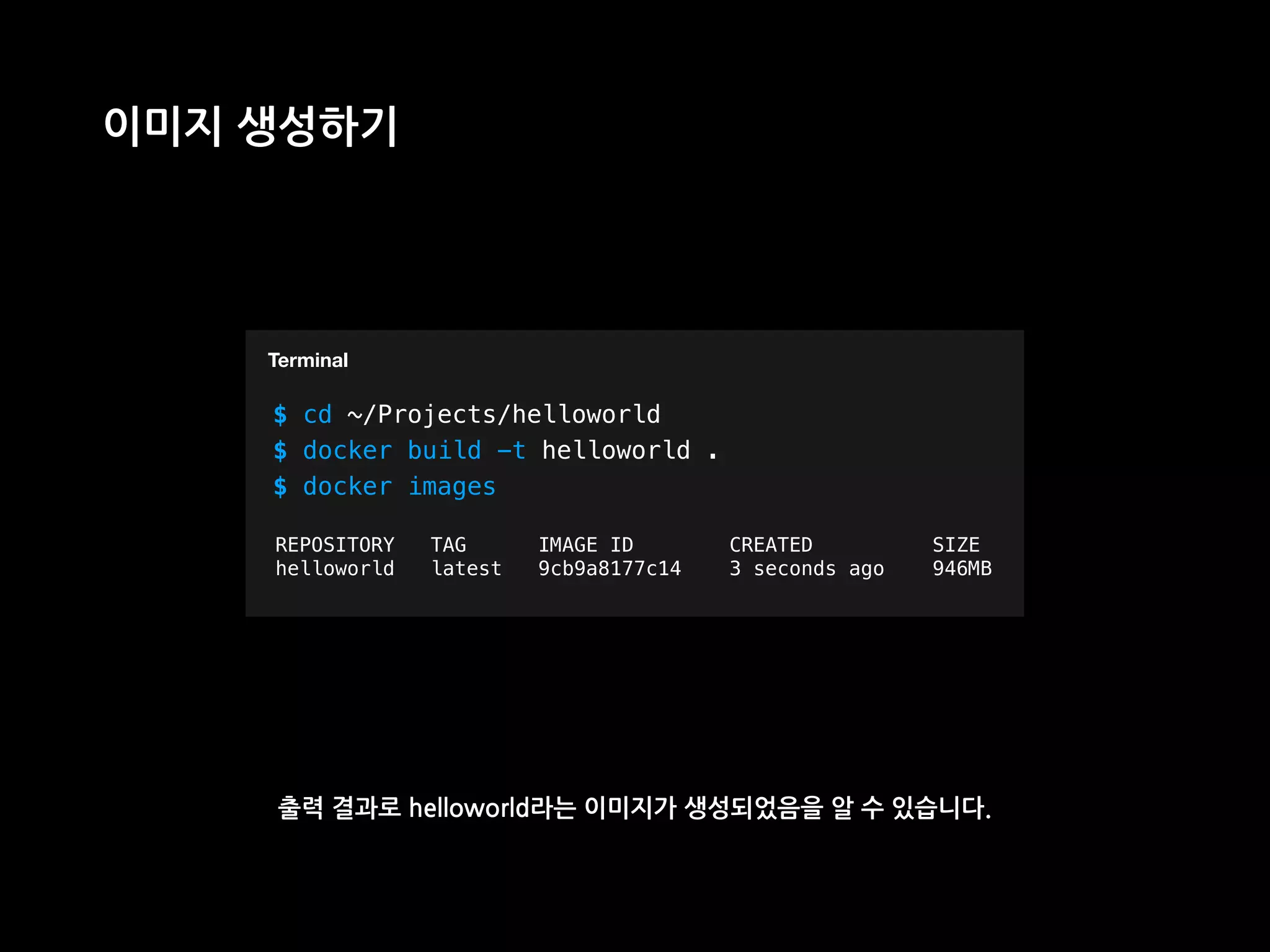 T
이미지 생성하기
$ cd ~/Projects/helloworld
$ docker build -t helloworld .
$ docker images
Terminal
REPOSITORY TAG IMAGE ID CREATED SIZE
helloworld latest 9cb9a8177c14 3 seconds ago 946MB
출력 결과로 helloworld라는 이미지가 생성되었음을 알 수 있습니다.
 