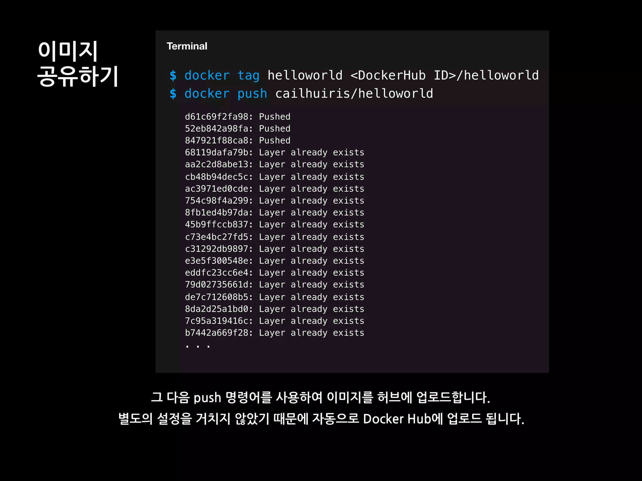 T
이미지
공유하기 $ docker tag helloworld <DockerHub ID>/helloworld
$ docker push cailhuiris/helloworld
Terminal
d61c69f2fa98: Pushed
52eb842a98fa: Pushed
847921f88ca8: Pushed
68119dafa79b: Layer already exists
aa2c2d8abe13: Layer already exists
cb48b94dec5c: Layer already exists
ac3971ed0cde: Layer already exists
754c98f4a299: Layer already exists
8fb1ed4b97da: Layer already exists
45b9ffccb837: Layer already exists
c73e4bc27fd5: Layer already exists
c31292db9897: Layer already exists
e3e5f300548e: Layer already exists
eddfc23cc6e4: Layer already exists
79d02735661d: Layer already exists
de7c712608b5: Layer already exists
8da2d25a1bd0: Layer already exists
7c95a319416c: Layer already exists
b7442a669f28: Layer already exists
. . .
그 다음 push 명령어를 사용하여 이미지를 허브에 업로드합니다.
별도의 설정을 거치지 않았기 때문에 자동으로 Docker Hub에 업로드 됩니다.
 