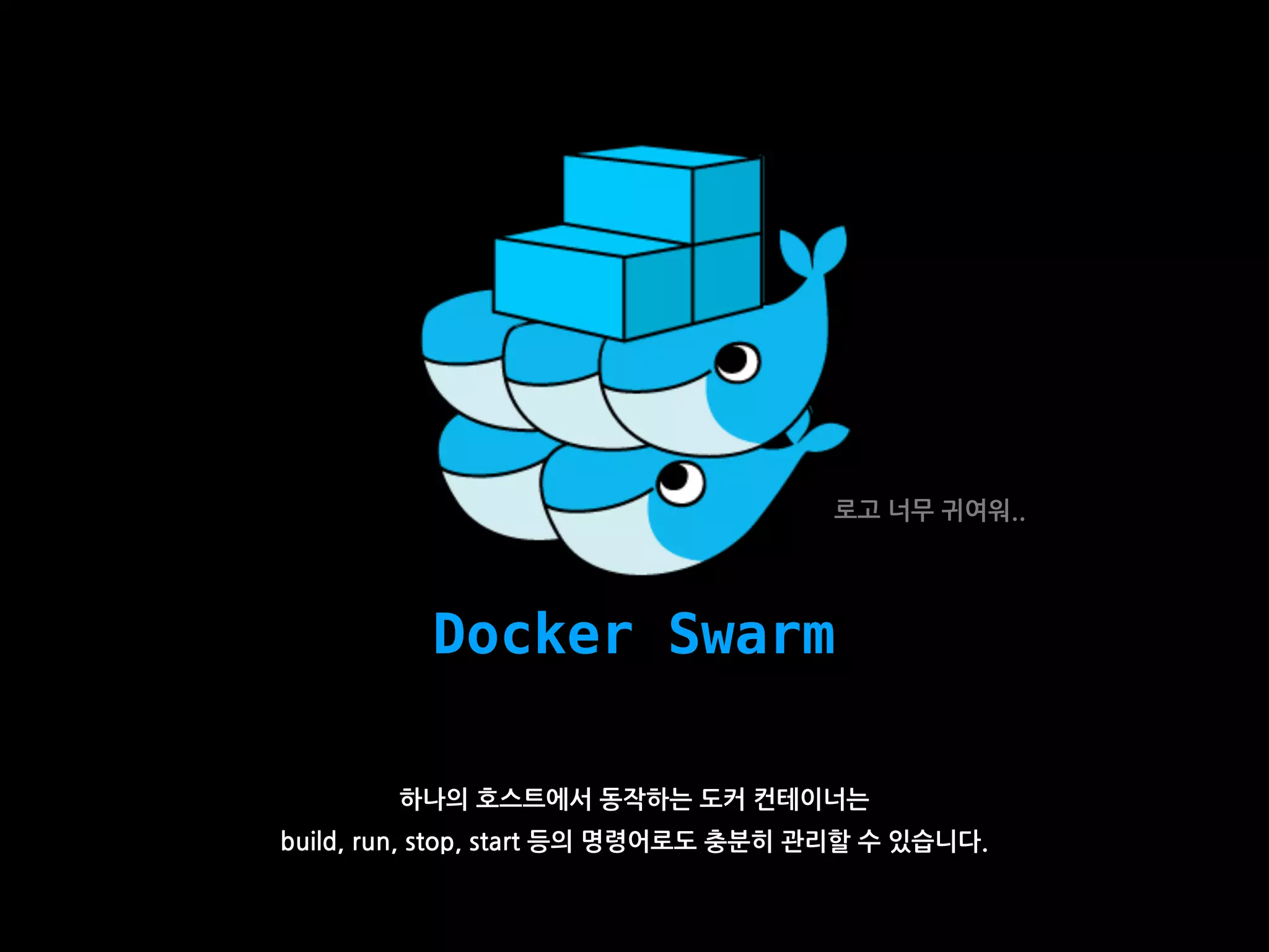 Docker Swarm
하나의 호스트에서 동작하는 도커 컨테이너는
build, run, stop, start 등의 명령어로도 충분히 관리할 수 있습니다.
로고 너무 귀여워..
 