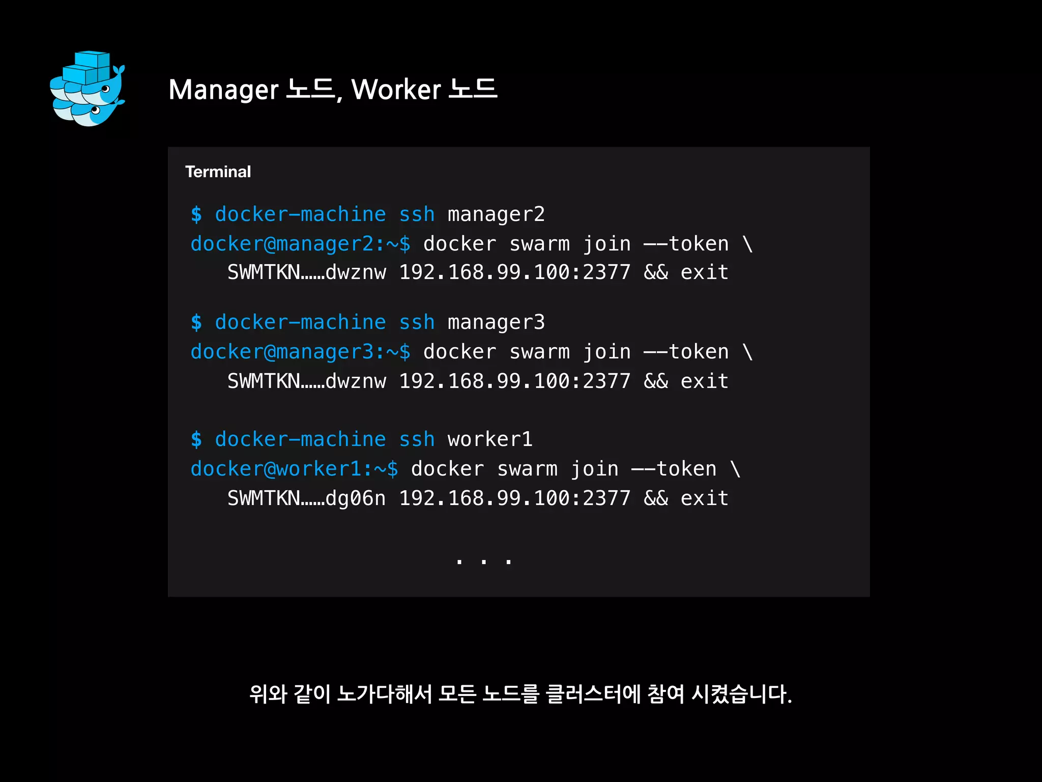 Manager 노드, Worker 노드
위와 같이 노가다해서 모든 노드를 클러스터에 참여 시켰습니다.
T
$ docker-machine ssh manager2
docker@manager2:~$ docker swarm join —-token 
SWMTKN……dwznw 192.168.99.100:2377 && exit
$ docker-machine ssh manager3
docker@manager3:~$ docker swarm join —-token 
SWMTKN……dwznw 192.168.99.100:2377 && exit
$ docker-machine ssh worker1
docker@worker1:~$ docker swarm join —-token 
SWMTKN……dg06n 192.168.99.100:2377 && exit
. . .
Terminal
 