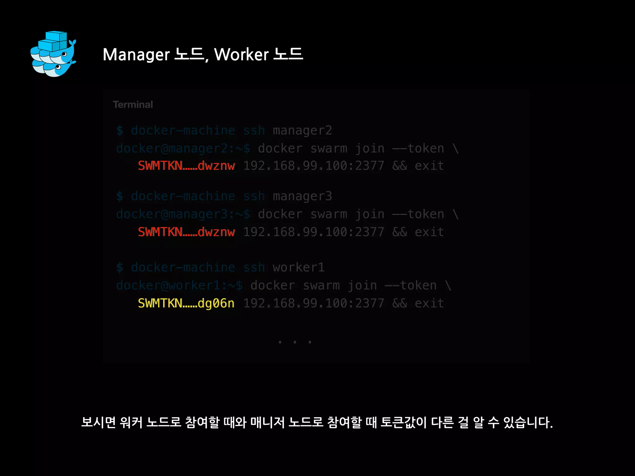 Manager 노드, Worker 노드
보시면 워커 노드로 참여할 때와 매니저 노드로 참여할 때 토큰값이 다른 걸 알 수 있습니다.
T
$ docker-machine ssh manager2
docker@manager2:~$ docker swarm join —-token 
SWMTKN……dwznw 192.168.99.100:2377 && exit
$ docker-machine ssh manager3
docker@manager3:~$ docker swarm join —-token 
SWMTKN……dwznw 192.168.99.100:2377 && exit
$ docker-machine ssh worker1
docker@worker1:~$ docker swarm join —-token 
SWMTKN……dg06n 192.168.99.100:2377 && exit
. . .
Terminal
SWMTKN……dwznw
SWMTKN……dg06n
SWMTKN……dwznw
 