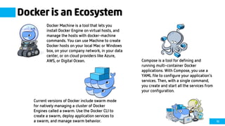 10
Docker is an Ecosystem
Docker Machine is a tool that lets you
install Docker Engine on virtual hosts, and
manage the hosts with docker-machine
commands. You can use Machine to create
Docker hosts on your local Mac or Windows
box, on your company network, in your data
center, or on cloud providers like Azure,
AWS, or Digital Ocean. Compose is a tool for defining and
running multi-container Docker
applications. With Compose, you use a
YAML file to configure your application’s
services. Then, with a single command,
you create and start all the services from
your configuration.
Current versions of Docker include swarm mode
for natively managing a cluster of Docker
Engines called a swarm. Use the Docker CLI to
create a swarm, deploy application services to
a swarm, and manage swarm behavior.
 
