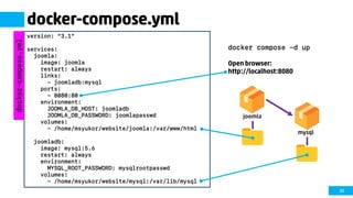 35
docker-compose.yml
docker compose –d up
Open browser:
http://localhost:8080
version: “3.1”
services:
joomla:
image: joomla
restart: always
links:
- joomladb:mysql
ports:
- 8080:80
environment:
JOOMLA_DB_HOST: joomladb
JOOMLA_DB_PASSWORD: joomlapasswd
volumes:
- /home/msyukor/website/joomla:/var/www/html
joomladb:
image: mysql:5.6
restart: always
environment:
MYSQL_ROOT_PASSWORD: mysqlrootpasswd
volumes:
- /home/msyukor/website/mysql:/var/lib/mysql
docker-compose.yml
joomla
mysql
 