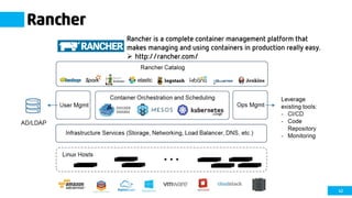 42
Rancher is a complete container management platform that
makes managing and using containers in production really easy.
 http://rancher.com/
Rancher
 