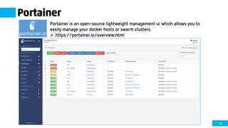 44
Portainer
Portainer is an open-source lightweight management ui which allows you to
easily manage your docker hosts or swarm clusters.
 https://portainer.io/overview.html
 