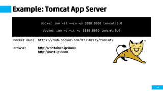 49
Example: Tomcat App Server
Docker Hub: https://hub.docker.com/r/library/tomcat/
Browse: http://container-ip:8080
http://host-ip:8888
docker run -it --rm -p 8888:8080 tomcat:8.0
docker run –d -it -p 8888:8080 tomcat:8.0
 