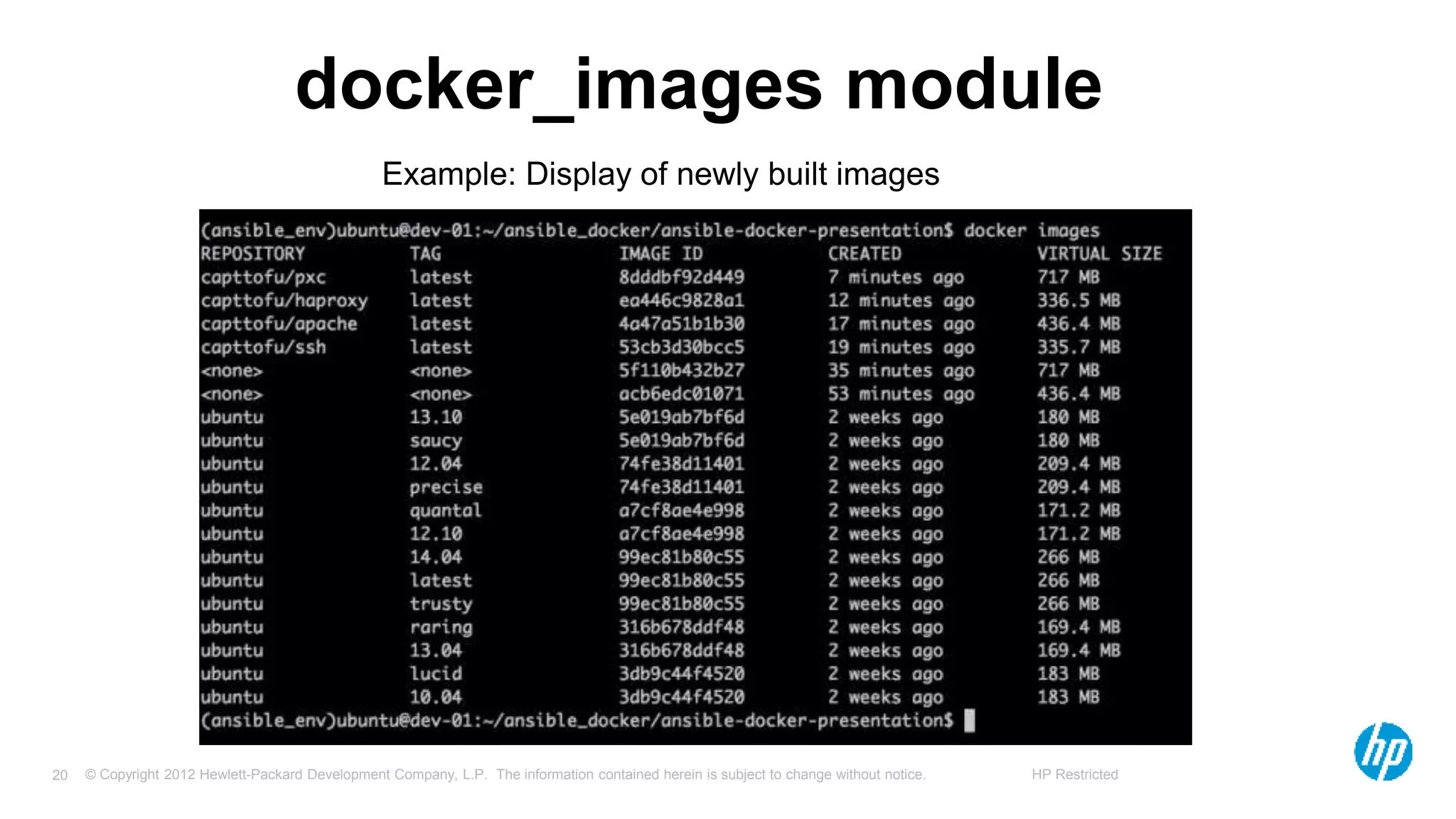 © Copyright 2012 Hewlett-Packard Development Company, L.P. The information contained herein is subject to change without notice. HP Restricted20
docker_images module
Example: Display of newly built images
 
