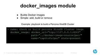 © Copyright 2012 Hewlett-Packard Development Company, L.P. The information contained herein is subject to change without notice. HP Restricted18
docker_images module
● Builds Docker images
● Simple: add, build or remove
- name: check or build percona XtraDB Cluster image
docker_image: docker_url=“tcp://127.0.0.1:4243”
path=”../docker-image-source/pxc/"
name=”capttofu/pxc" state=present
Example: playbook to build a Percona XtraDB Cluster
 