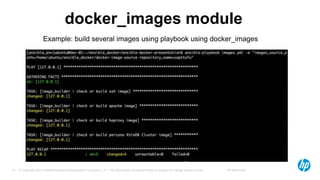 © Copyright 2012 Hewlett-Packard Development Company, L.P. The information contained herein is subject to change without notice. HP Restricted19
docker_images module
Example: build several images using playbook using docker_images
 