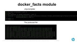 © Copyright 2012 Hewlett-Packard Development Company, L.P. The information contained herein is subject to change without notice. HP Restricted31
docker_facts module
[c10n1.atg.seattle.lan]
c19n1_db_1 ansible_ssh_port=49270 ansible_ssh_host=c10n1.atg.seattle.lan
c19n1_db_2 ansible_ssh_port=49275 ansible_ssh_host=c10n1.atg.seattle.lan
c19n1_db_3 ansible_ssh_port=49280 ansible_ssh_host=c10n1.atg.seattle.lan
c19n1_haproxy_1 ansible_ssh_port=49285 ansible_ssh_host=c10n1.atg.seattle.lan
c19n1_haproxy_2 ansible_ssh_port=49287 ansible_ssh_host=c10n1.atg.seattle.lan
c19n1_haproxy_3 ansible_ssh_port=49289 ansible_ssh_host=c10n1.atg.seattle.lan
c19n1_haproxy_4 ansible_ssh_port=49291 ansible_ssh_host=c10n1.atg.seattle.lan
c19n1_web_1 ansible_ssh_port=49240 ansible_ssh_host=c10n1.atg.seattle.lan
...
{% for host in hostvars | sort %}
[{{ host }}]
{% for container in docker_containers | sort %}
{{ container }} ansible_ssh_port={{ docker_containers[container]['docker_networksettings']['Ports']['22/tcp'][0
ansible_ssh_host={{ host }}
{% endfor %}
{% endfor %}
The produced file:
Jinja template:
 