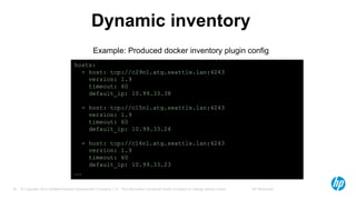 © Copyright 2012 Hewlett-Packard Development Company, L.P. The information contained herein is subject to change without notice. HP Restricted35
Dynamic inventory
hosts:
- host: tcp://c29n1.atg.seattle.lan:4243
version: 1.9
timeout: 60
default_ip: 10.99.33.38
- host: tcp://c15n1.atg.seattle.lan:4243
version: 1.9
timeout: 60
default_ip: 10.99.33.24
- host: tcp://c14n1.atg.seattle.lan:4243
version: 1.9
timeout: 60
default_ip: 10.99.33.23
…
Example: Produced docker inventory plugin config
 