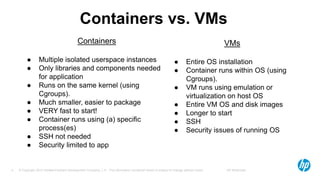 © Copyright 2012 Hewlett-Packard Development Company, L.P. The information contained herein is subject to change without notice. HP Restricted4
Containers vs. VMs
Containers
● Multiple isolated userspace instances
● Only libraries and components needed
for application
● Runs on the same kernel (using
Cgroups).
● Much smaller, easier to package
● VERY fast to start!
● Container runs using (a) specific
process(es)
● SSH not needed
● Security limited to app
VMs
● Entire OS installation
● Container runs within OS (using
Cgroups).
● VM runs using emulation or
virtualization on host OS
● Entire VM OS and disk images
● Longer to start
● SSH
● Security issues of running OS
 