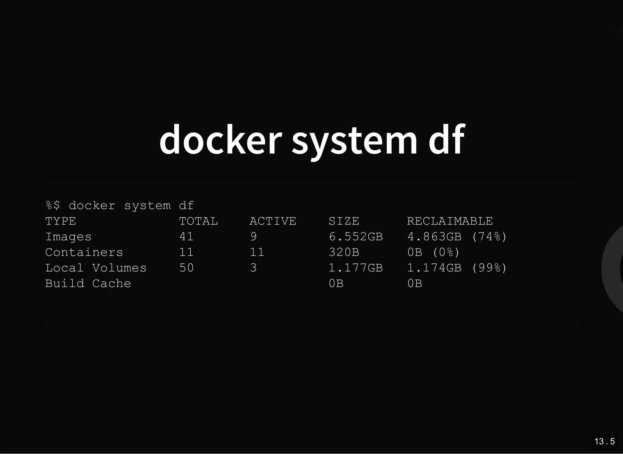 docker system df
%$ docker system df
TYPE TOTAL ACTIVE SIZE RECLAIMABLE
Images 41 9 6.552GB 4.863GB (74%)
Containers 11 11 320B 0B (0%)
Local Volumes 50 3 1.177GB 1.174GB (99%)
Build Cache 0B 0B
13 . 5
 