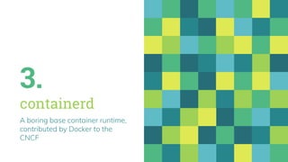 3.
containerd
A boring base container runtime,
contributed by Docker to the
CNCF
 