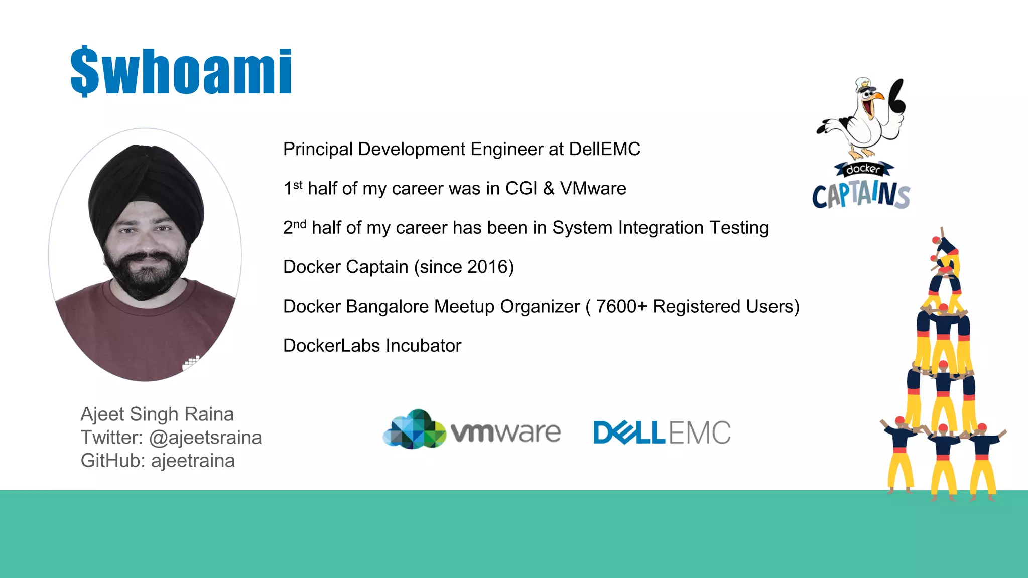 $whoami
Principal Development Engineer at DellEMC
1st half of my career was in CGI & VMware
2nd half of my career has been in System Integration Testing
Docker Captain (since 2016)
Docker Bangalore Meetup Organizer ( 7600+ Registered Users)
DockerLabs Incubator
Ajeet Singh Raina
Twitter: @ajeetsraina
GitHub: ajeetraina
 