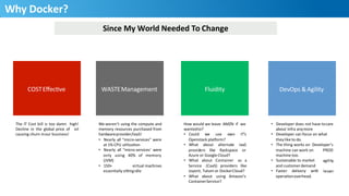 Why	
  Docker?	
  
12
Since	
  My	
  World	
  Needed	
  To	
  Change	
  
COST	
  EﬀecHve	
   WASTE	
  Management	
   Fluidity	
   DevOps	
  &	
  Agility	
  
The	
  IT	
  Cost	
  bill	
  is	
  too	
  damn	
   	
  high!
Decline	
   in	
   the	
   global	
   price	
   of	
   	
   oil	
  
causing	
  churn	
  in	
  our	
  business!	
  
We	
  weren’t	
  using	
  the	
  compute	
  and	
  	
  
memory	
  resources	
  purchased	
  from	
  	
  
hardware	
  provider/IaaS!	
  
•  Nearly	
  all	
  “micro-­‐services”	
  were	
  	
  
at	
  1%	
  CPU	
  uHlizaHon	
  
•  Nearly	
   all	
   “micro-­‐services’	
   were	
  	
  
only	
   using	
   40%	
   of	
   memory	
  	
  
(JVM)	
  
•  150+	
   	
   	
   	
   	
   	
   	
   	
   	
   	
   virtual	
  machines	
  	
  
essenHally	
  sipng	
  idle	
  
How	
  would	
  we	
  leave	
  	
  AMZN	
  	
  if	
  	
  we	
  
wanted	
  to?	
  
•  Could 	
  we 	
  use 	
  own 	
  IT’s	
  	
  
Openstack	
  pla3orm?	
  
•  What 	
  about 	
  alternate 	
  IaaS	
  
providers 	
  like 	
  Rackspace 	
  or	
  	
  
Azure	
  or	
  Google	
  Cloud?	
  
•  What	
   about	
   Container	
   as	
   a	
  	
  
Service	
   (CaaS)	
   providers	
   like	
  	
  
Joyent,	
  Tutum	
  or	
  Docker	
  Cloud?	
  
•  What	
  	
  	
  about 	
  using	
  	
  	
  Amazon’s	
  
Container	
  Service?	
  
•  Developer	
  does	
  not	
  have	
  to	
  care	
  
about	
  Infra	
  any	
  more	
  
•  Developer	
  can	
  focus	
  on	
  what	
  	
  
they	
  like	
  to	
  do.	
  
•  The	
  thing	
  works	
  on	
  	
  Developer’s	
  
PROD	
  
agility	
  
lesser	
  
machine	
  can	
  work	
  on	
  	
  
machine	
  too.	
  
•  Sustainable	
  to	
  market	
  	
  
and	
  customer	
  demand	
  
•  Faster 	
  delivery 	
  with	
  	
  
operaHon	
  overhead.	
  
 