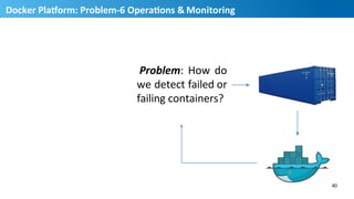 Problem:	
   How	
   do	
  	
  
we	
  detect	
  failed	
  or	
  	
  
failing	
  containers?	
  
Docker	
  PlaUorm:	
  Problem-­‐6	
  OperaMons	
  &	
  Monitoring	
  
40	
  
41
 
