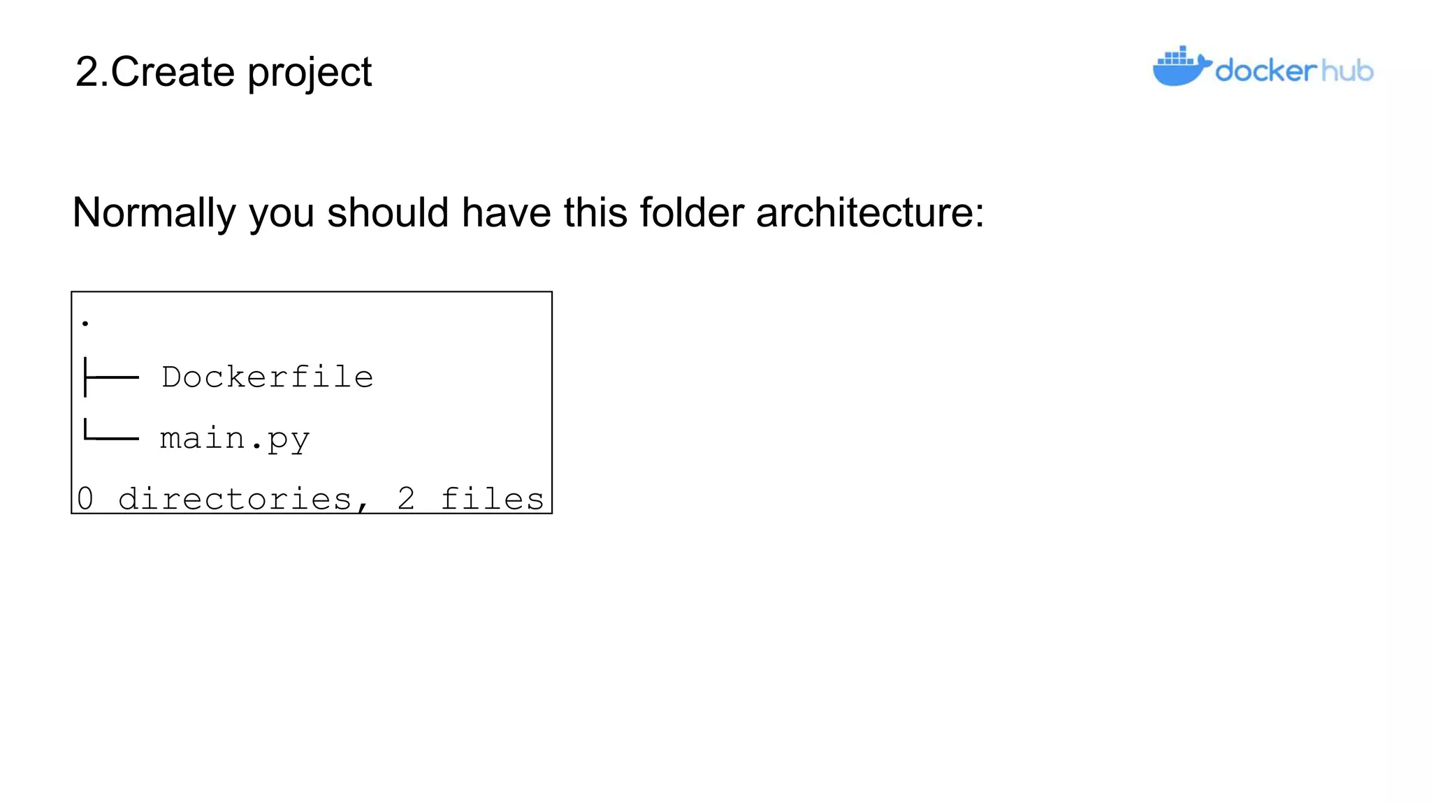 2.Create project
.
├── Dockerfile
└── main.py
0 directories, 2 files
Normally you should have this folder architecture:
 