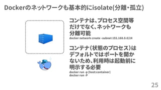 Dockerのネットワークも基本的にisolate(分離・孤立)
25
コンテナは、プロセス空間等
だけでなく、ネットワークも
分離可能
docker network create –subnet 192.168.0.0/24
コンテナ（状態のプロセス）は
デフォルトではポートを開か
ないため、利用時は起動前に
明示する必要
docker run -p [host:container]
docker run -P
 